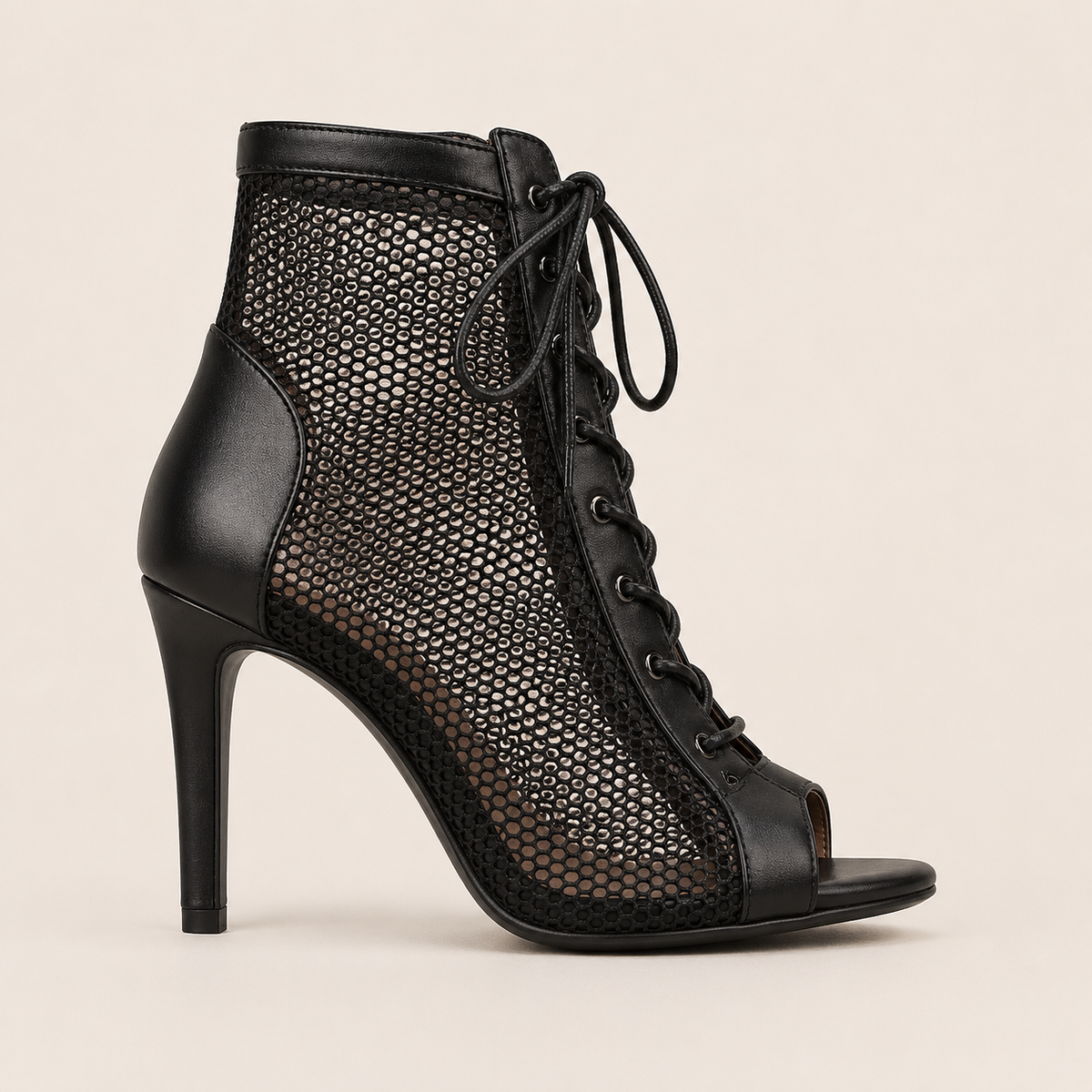 Mesh lace-up dance heels with open toe and adjustable heel height