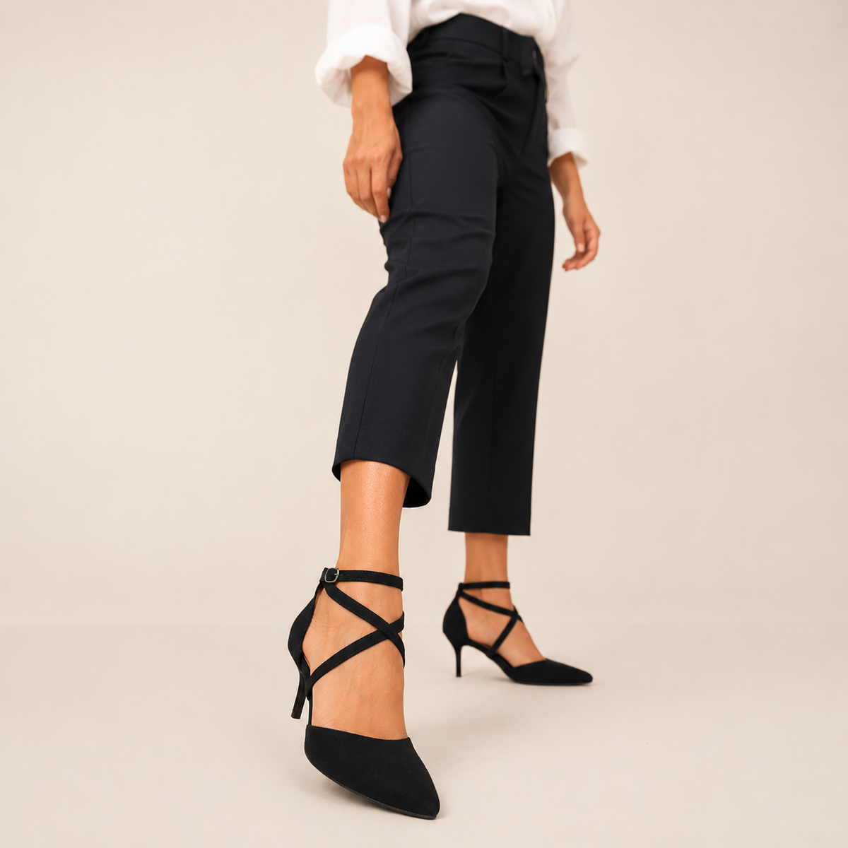 Crossover strap pointed-toe pumps with slim heel