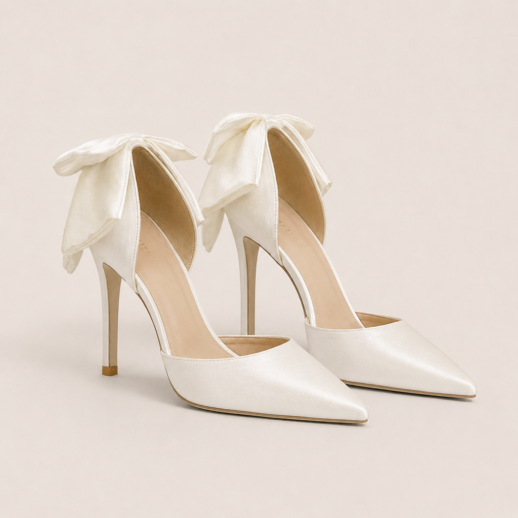 White satin bow pumps for wedding and bridal wear