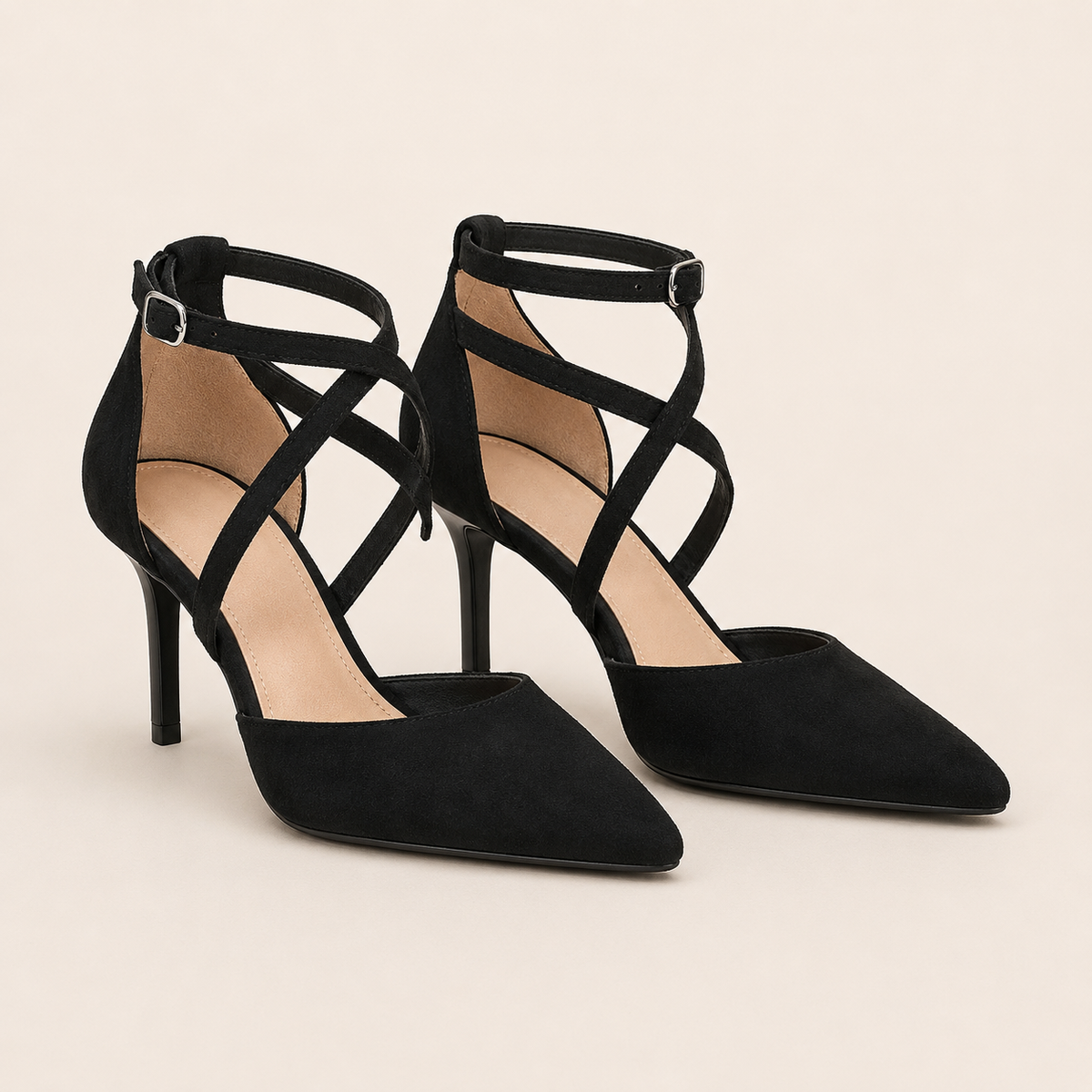 Crossover strap pointed-toe pumps with slim heel