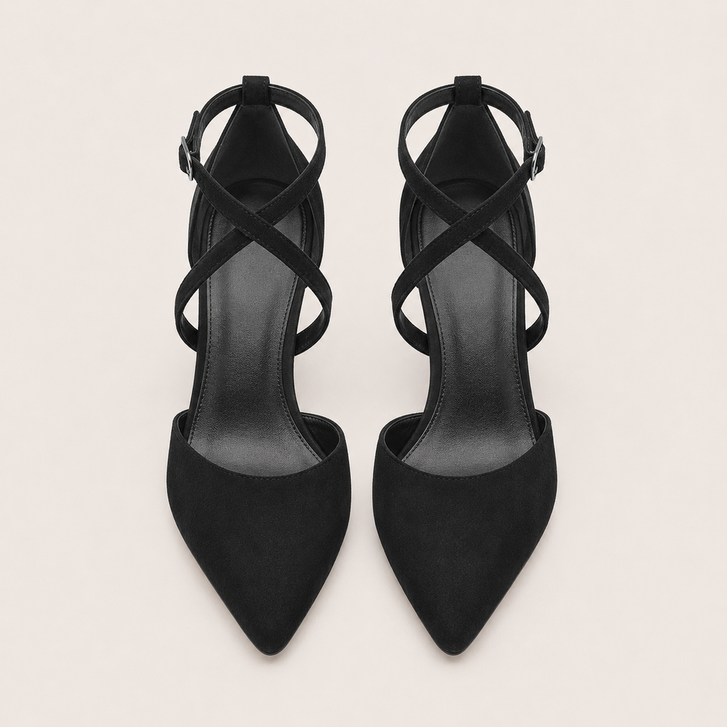 Crossover strap pointed-toe pumps with slim heel