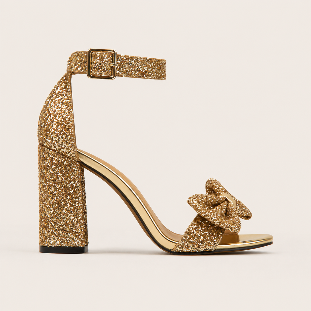 Patent high heel mules with bow in gold and silver metallic finish