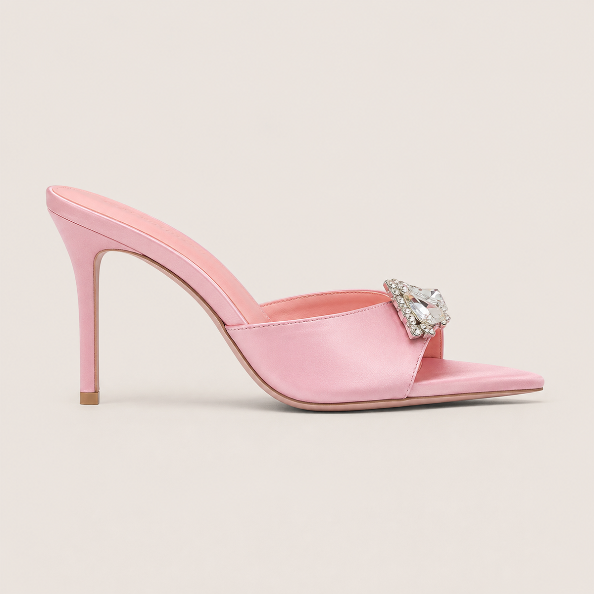 White satin sandals with rhinestone accents and stiletto heel