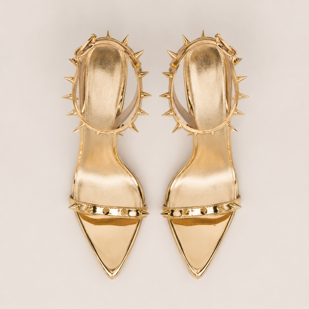 Gold pointed-toe high heel sandals with rivet buckle detail