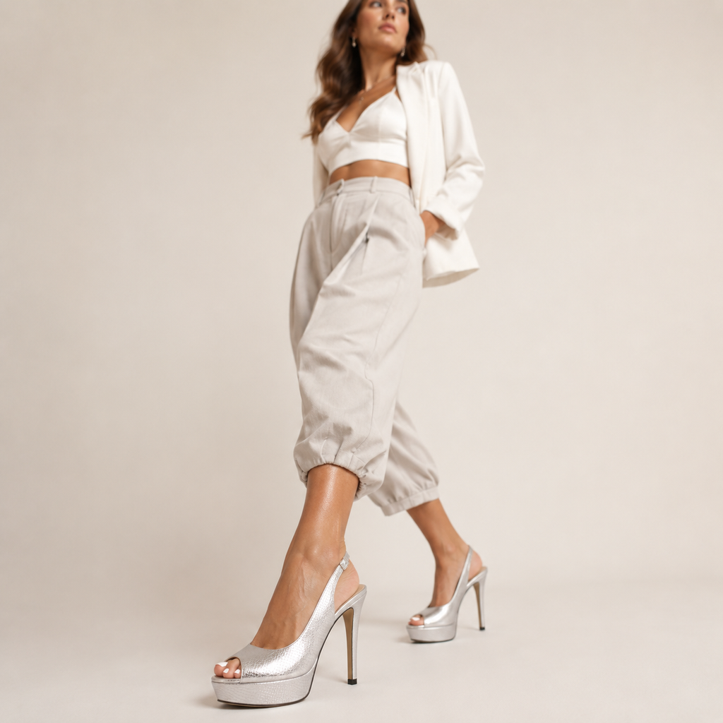 Croc-print platform heeled sandals in gold and silver metallic finish
