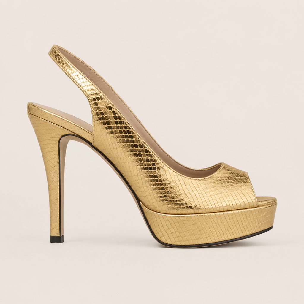 Croc-print platform heeled sandals in gold and silver metallic finish