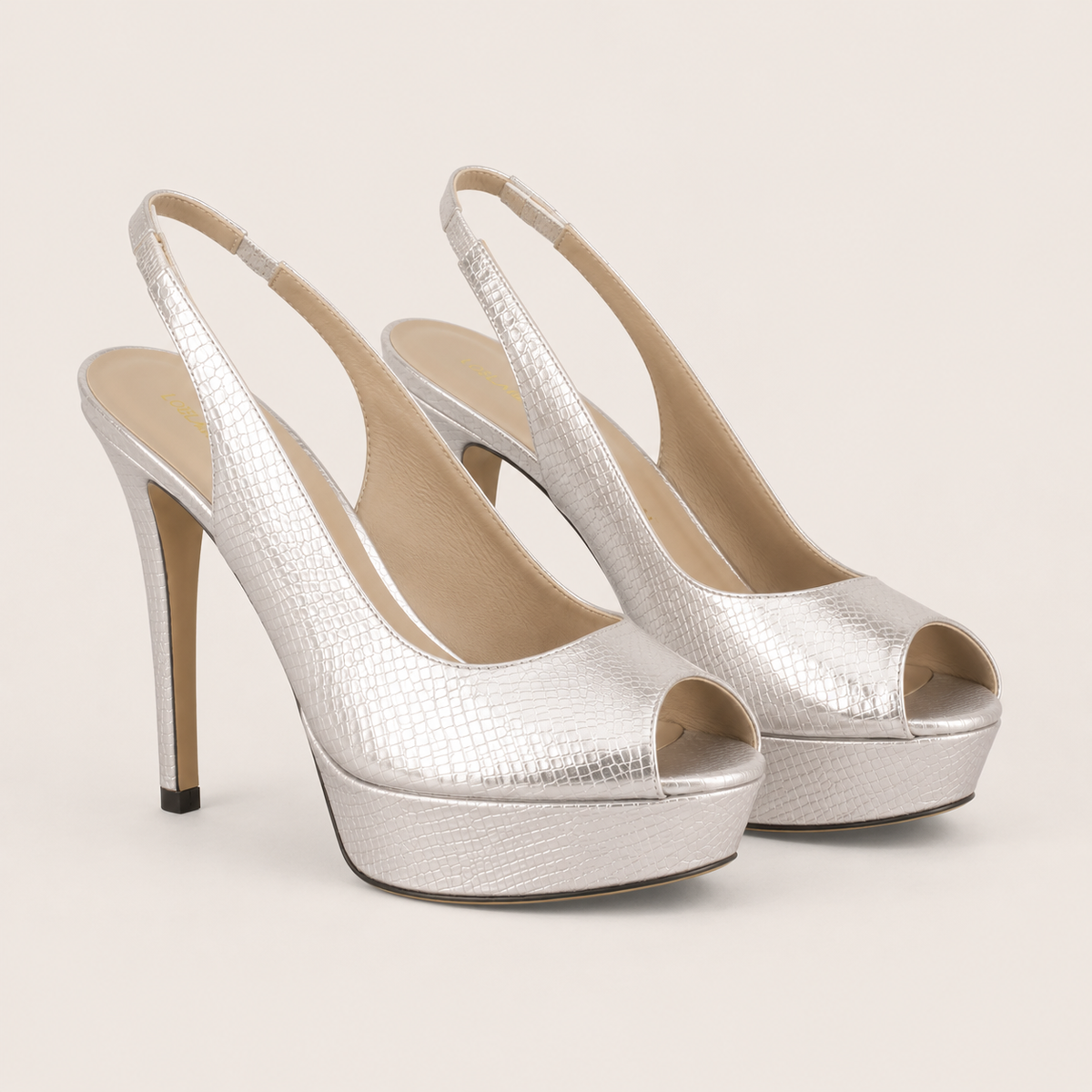 Croc-print platform heeled sandals in gold and silver metallic finish
