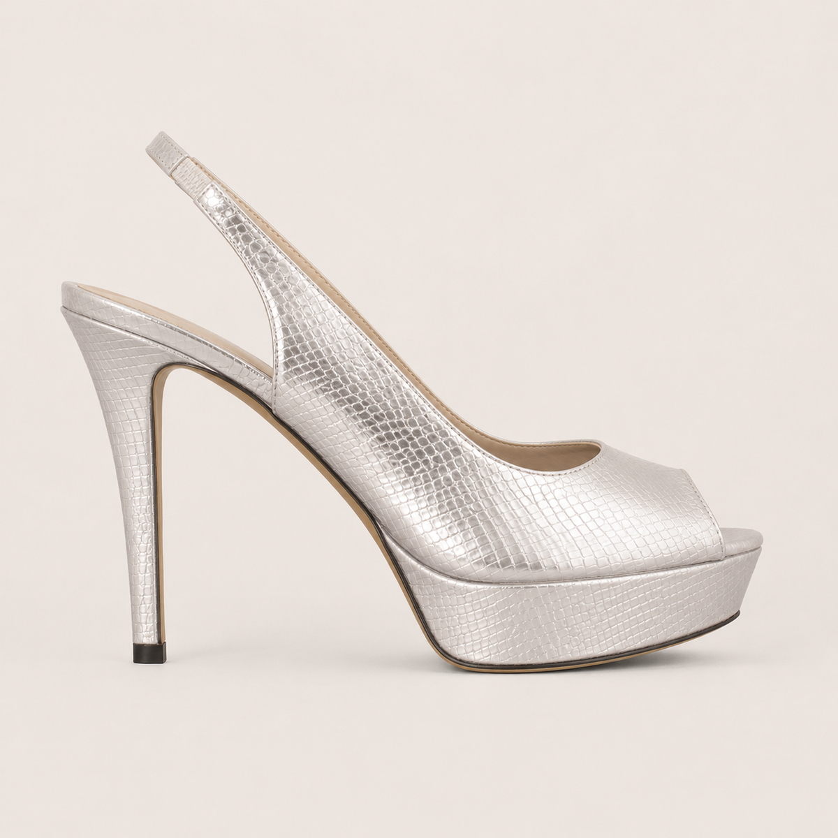Croc-print platform heeled sandals in gold and silver metallic finish