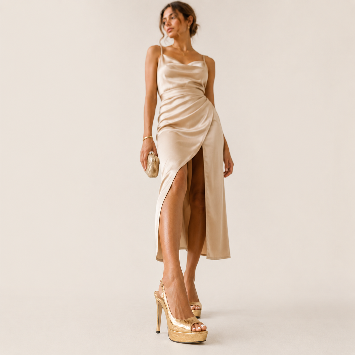 Croc-print platform heeled sandals in gold and silver metallic finish