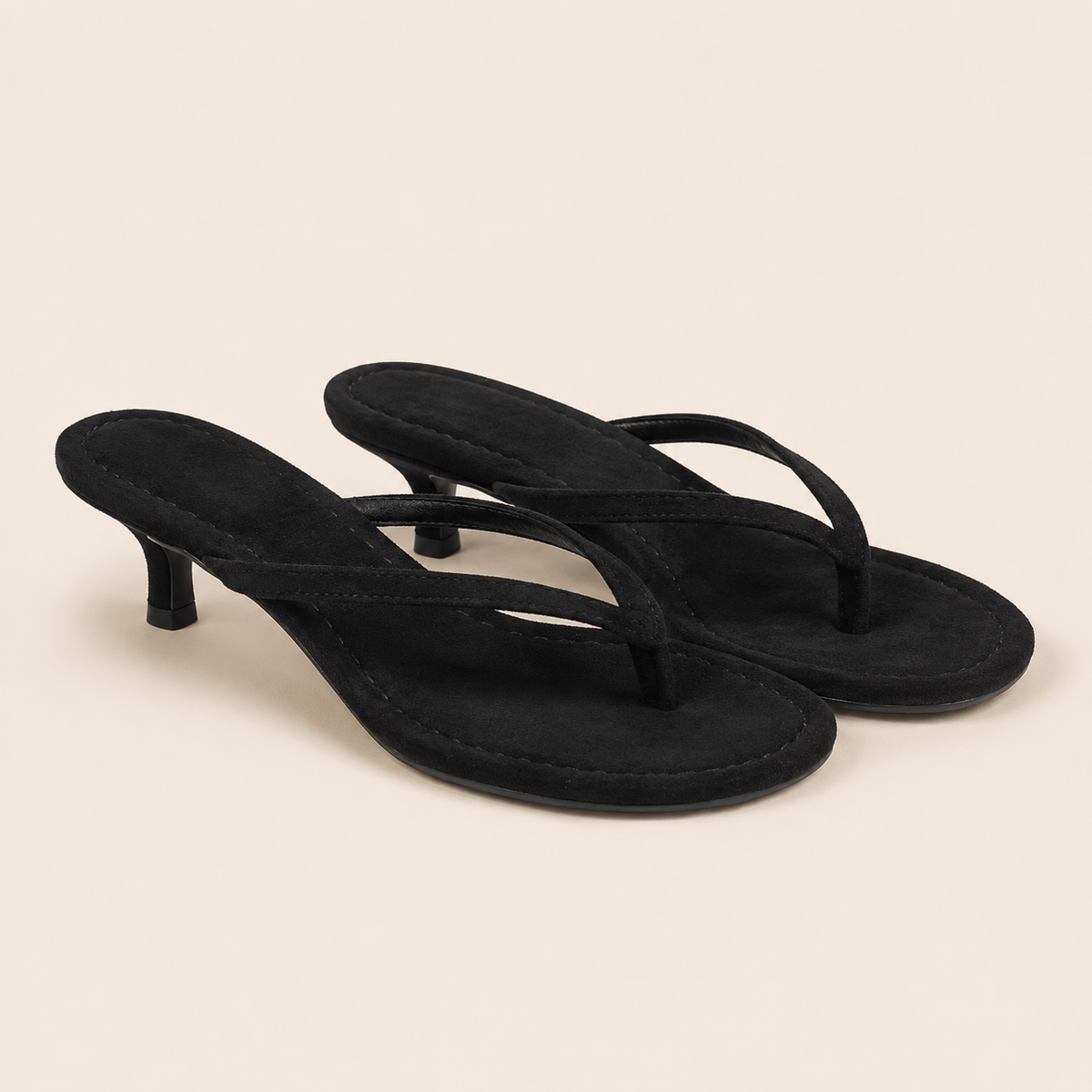 Faux suede kitten heel thong sandals for summer