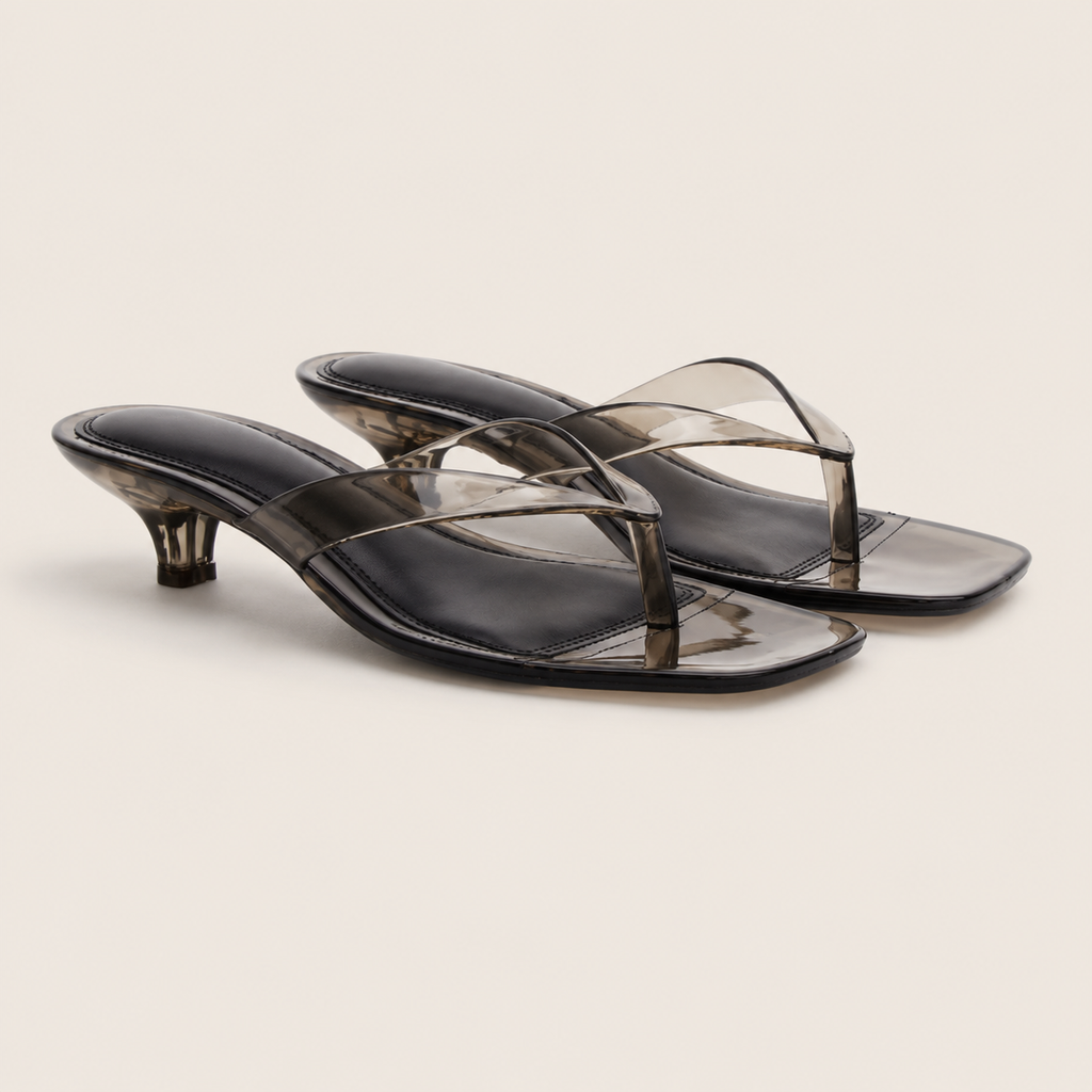 Clear kitten heel sandals with modern square toe design